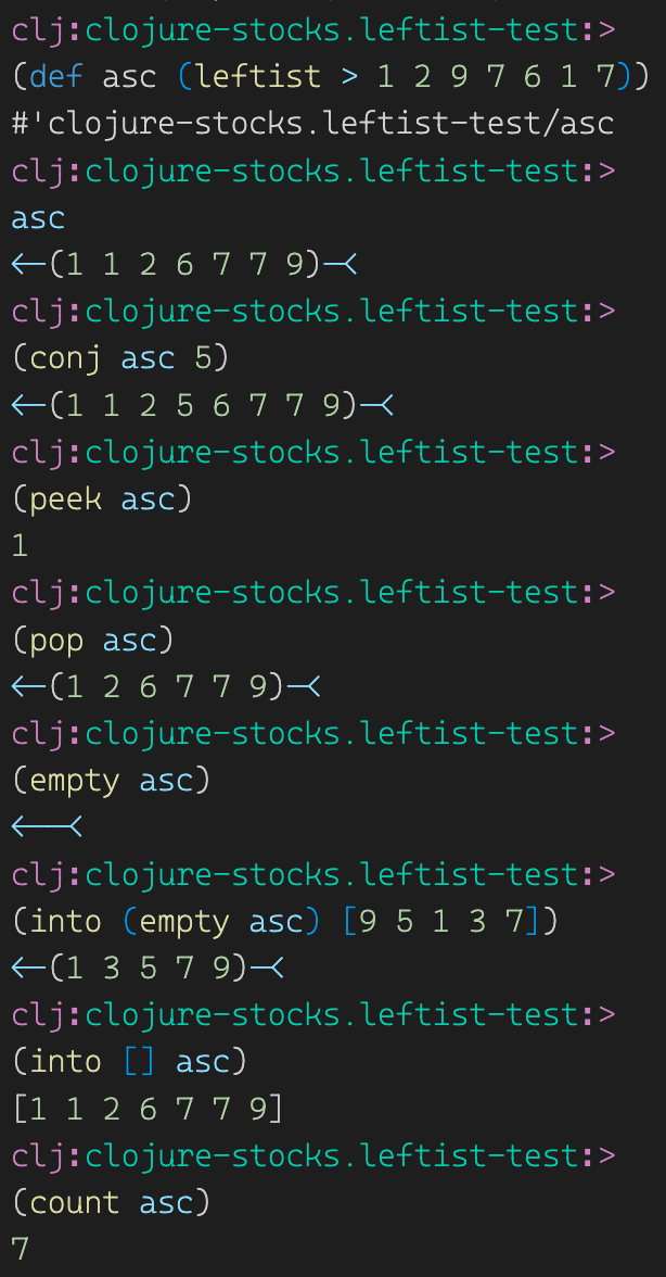 Operations and outputs of leftist on clojure REPL